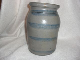Antique Primitive Salt Glazed Stoneware Canning Jar/Crock w/ Cobalt Blue Stripes 2