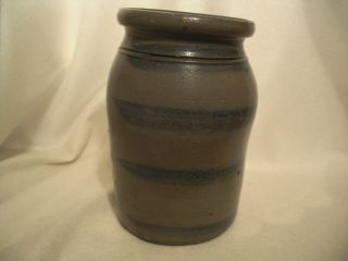 Antique Primitive Salt Glazed Stoneware Canning Jar/Crock w/ Cobalt Blue Stripes 4