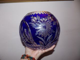 Cobalt Blue Cut To Clear Crystal Round Vase/bowl Floral