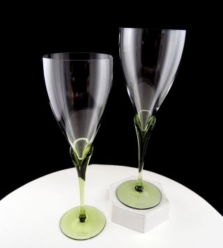 Rosenthal Crystal 2 Pc Signed Papyrus Green Tulip Stem 9 5/8 " Water Goblets
