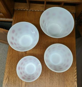 VINTAGE FIRE KING RED POLKA DOT NESTED MIXING BOWLS,  SET OF 4 2