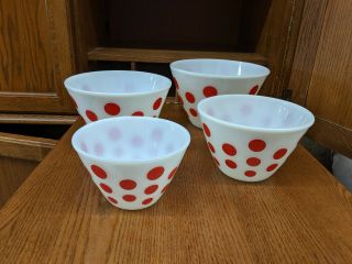 VINTAGE FIRE KING RED POLKA DOT NESTED MIXING BOWLS,  SET OF 4 3