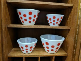 VINTAGE FIRE KING RED POLKA DOT NESTED MIXING BOWLS,  SET OF 4 8