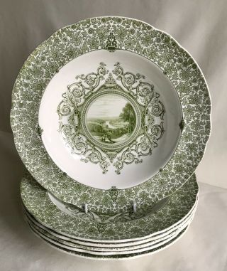 Antique Romantic Staffordshire Green Transferware Soup Plates Copeland C1833 X6