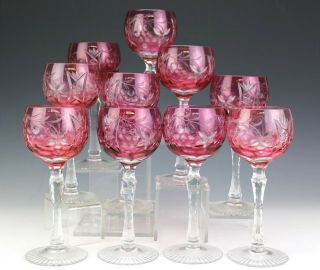 Set 10 Bohemian Cranberry Pink Cut To Clear Grape Engraved Wine Goblet Stems Lma