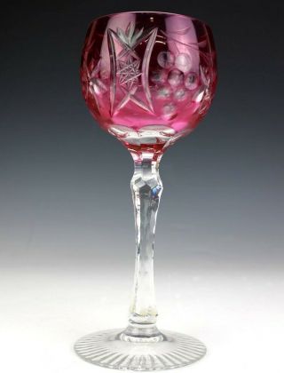 Set 10 Bohemian Cranberry Pink Cut To Clear Grape Engraved Wine Goblet Stems LMA 2