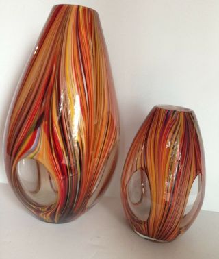 Pair Vtg Murano Italian Filigrana Art Glass Vase White Inner & Clear Sides Large