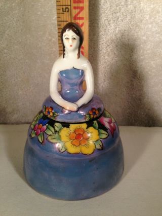 Art Deco Noritake 4 1/2 " Lady Floral Dress Figural 2 Pc Inkwell W/ Blue Luster