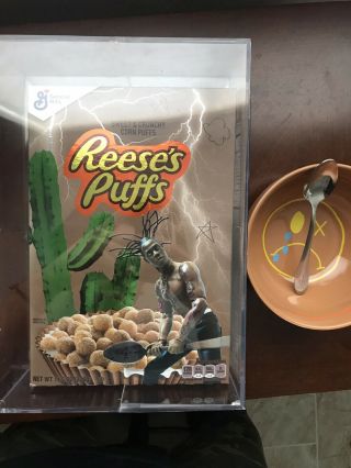 Travis Scott Reeses Puffs Full Set Cereal Box,  Bowl & Spoon In Hand