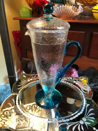 Rare Morgantown Arctic Crackle Clear Glass Cocktail/martini Pitcher Blue Accents