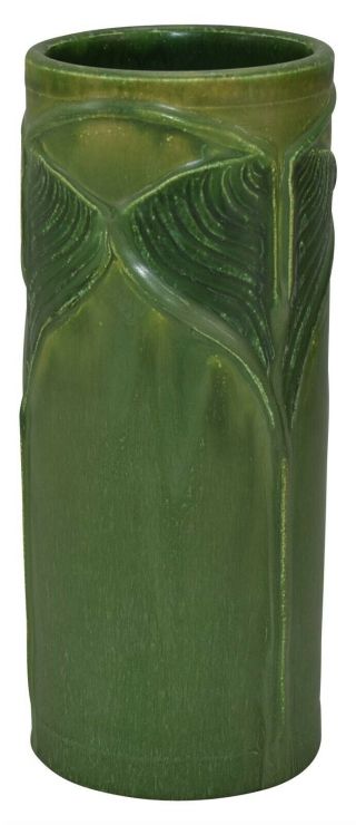 Ephraim Faience Pottery 2001 Experimental Matte Green Ginkgo Vase 2