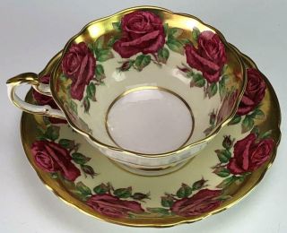 Paragon Fine English Bone China Red Cabbage Rose Gold Gilt Tea Cup & Saucer Set