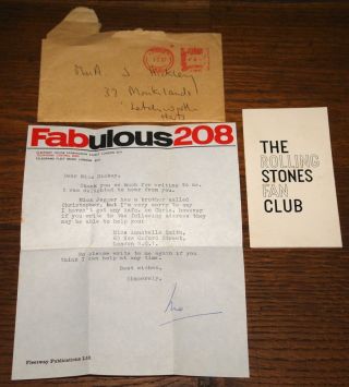 The Rolling Stones 1968 Fan Club Membership Card,  Envelope,  Fab 208 Fan Letter