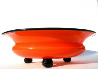 Art Deco Loetz Orange Tango Glass Bowl Black Ball Feet/rim Trail Michael Powolny