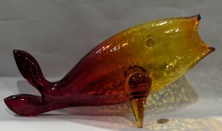 Huge 18 " Amberina Color Blenko Crackle Art Glass Fish Unusual Red Mouth