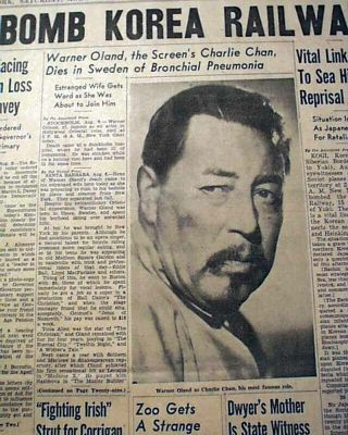 Warner Oland Charlie Chan & Fu Manchu - Chinese Cast Actor Death 1938 Newspaper