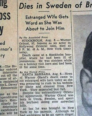 WARNER OLAND Charlie Chan & Fu Manchu - Chinese Cast Actor DEATH 1938 Newspaper 2