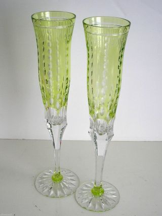 Varga Design Guild Lime Paridot Cased Cut To Clear Crystal 10 " Champagne Flutes