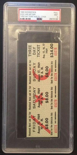 Vintage 1969 Woodstock Music Fair Concert Full 3 Day Ticket Psa 9