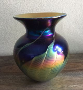 Signed Lundberg Studios Midnight Purple Gold Iridescent Blown Art Glass Vase
