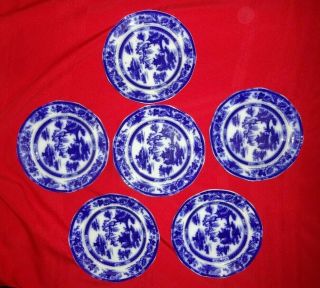 Six Flow Blue Manilla 8.  5 " Plates Podmore & Walker (p.  W.  &co) 1834 - 59