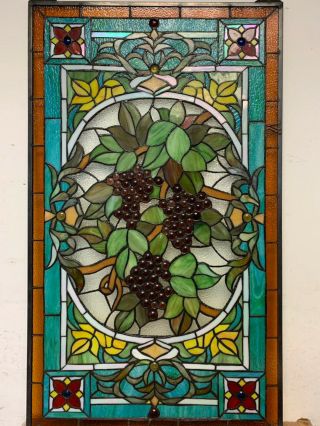20 " X 34 " Large Handcrafted Stained Glass Window Panel Grape W/ Vine