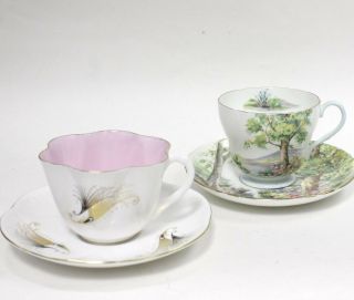 2 Shelley Fine Porcelain Cups And Saucers Woodland & Paradise Hazelnut