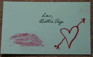 Bettie Page Signed Autographed Index Card With Lip Print & Hand Drawn Red Heart