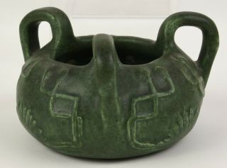Arts And Crafts Matte Green Three Handled Squat Vase Great Glaze And Shape