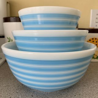 Htf Vintage Pyrex Blue Stripes Mixing Bowl Set