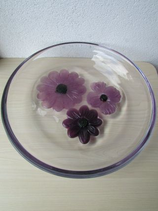 Signed Daum France Glass Bowl With Purple Flowers - Heavy Piece Approx: 6 Kg.