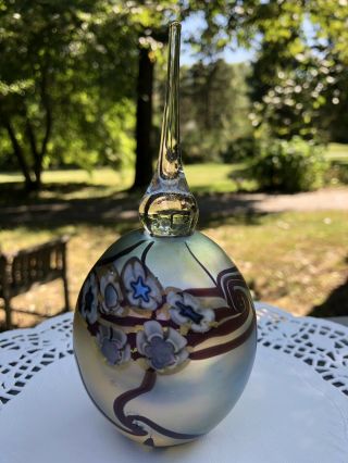 Eickholt 1996 Signed Iridescent Millifiori Art Glass Perfume Bottle Purple/gold