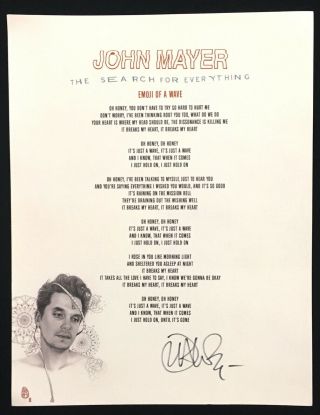 John Mayer Signed Emoji Of Wave Lyric Sheet Search For Tour 2017 Autograph Rare