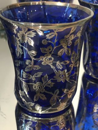 Vintage Cambridge? Cobalt Blue Silver Overlay Set Of 6 Shot Glass Dimpled