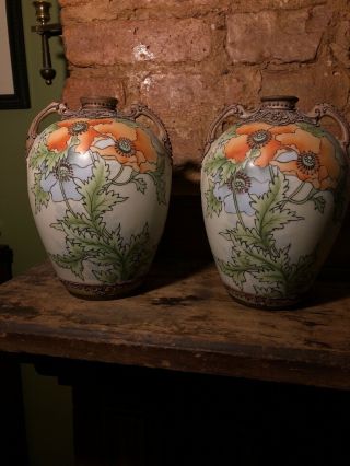 Pair Nippon Noritake Hand Painted Moriage Vases 8” Art Deco Peonies
