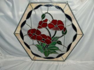Vintage Stained Glass Window Red Poppies Hexagon 17.  50 " Green Leaves