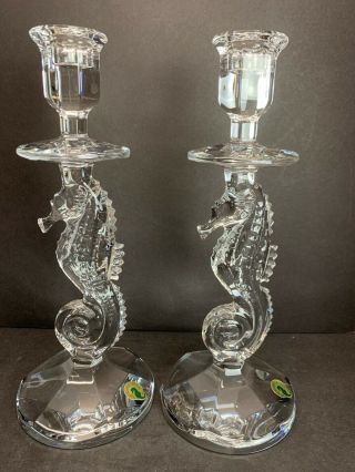 2 Waterford Crystal Seahorse Candlesticks Candle Holder Signed 11.  50 " Tall 4 Lbs