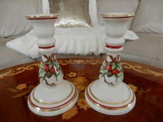 Pair Auth.  Tiffany & Co.  Holiday Garland Porcelain Candleholders 6.  5 " Tall