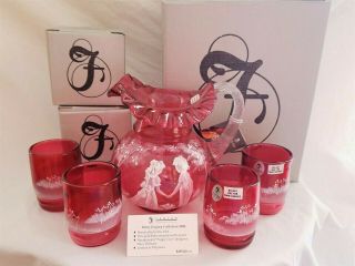 Fenton 2004 Cranberry " Puppy Love " Mary Gregory Pitcher Water Set Tumblers Le