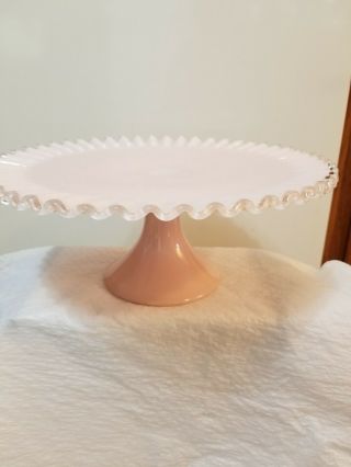 Vintage Fenton Pink Milk Glass Large Ruffled Silvercrest Pedestal Cake Plate
