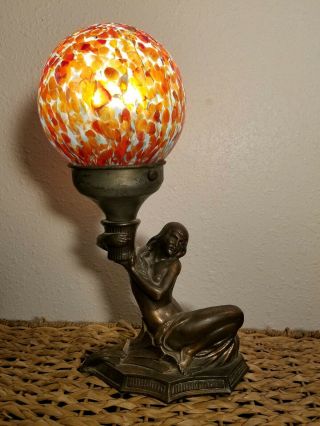 Antique Art Deco Nude Figural Lamp W/ Czech Glass End Of Day Globe