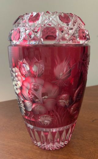 Meissen Signed Bleikristall Lead Crystal Red Vase With Flower Cut To Clear