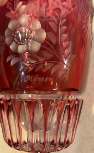 Meissen Signed Bleikristall Lead Crystal Red Vase with Flower Cut to Clear 2