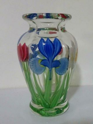 Gorgeous Orient & Flume Art Glass Vase Orchids Tulips Daisy Bruce Sillars 6 1/2 "