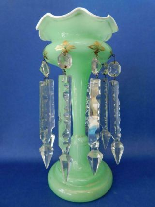 Victorian Uranium Glass Lustre Mantle Vase With Crystal Drops C1890