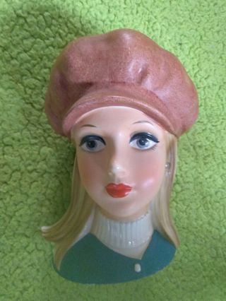 Rare Vintage Head Vase Girl Blonde Hair/ Brown Hat 7 " Porcelain
