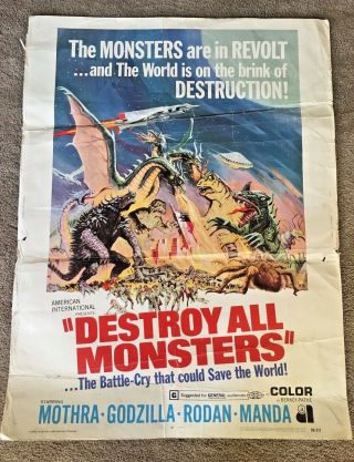 Destroy All Monsters,  Starring Godzilla & Mothra,  1969 27x41 Poster