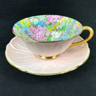 Shelley England Rock Garden Chintz Pink Oleander Shape Cup Saucer 13415/s9