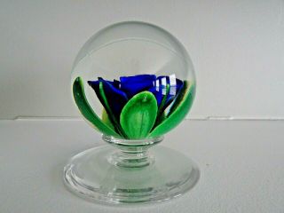 Signed Pairpoint Art Glass Blue Crimp Rose Pedestal Footed Paperweight