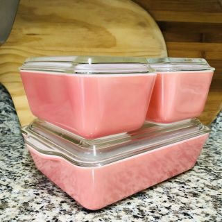Vintage Pyrex Pink Refrigerator Dishes Lids Complete Set 1950s 8 - Piece Dish